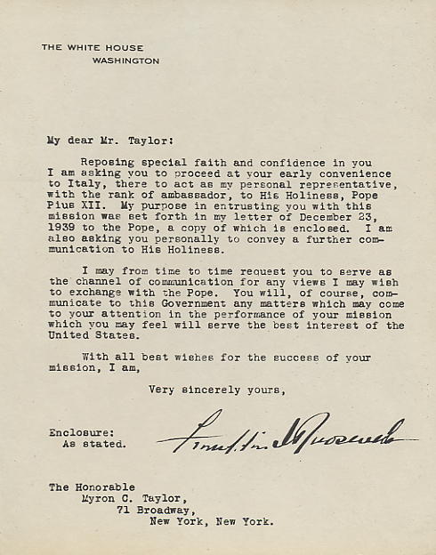 Photo of Instructions of President Franklin D. Roosevelt to Myron C. Taylor as his personal representative to Pope Pius XII; undated but probably issued ca. 23 December 1939, when Taylor accepted the appointment.